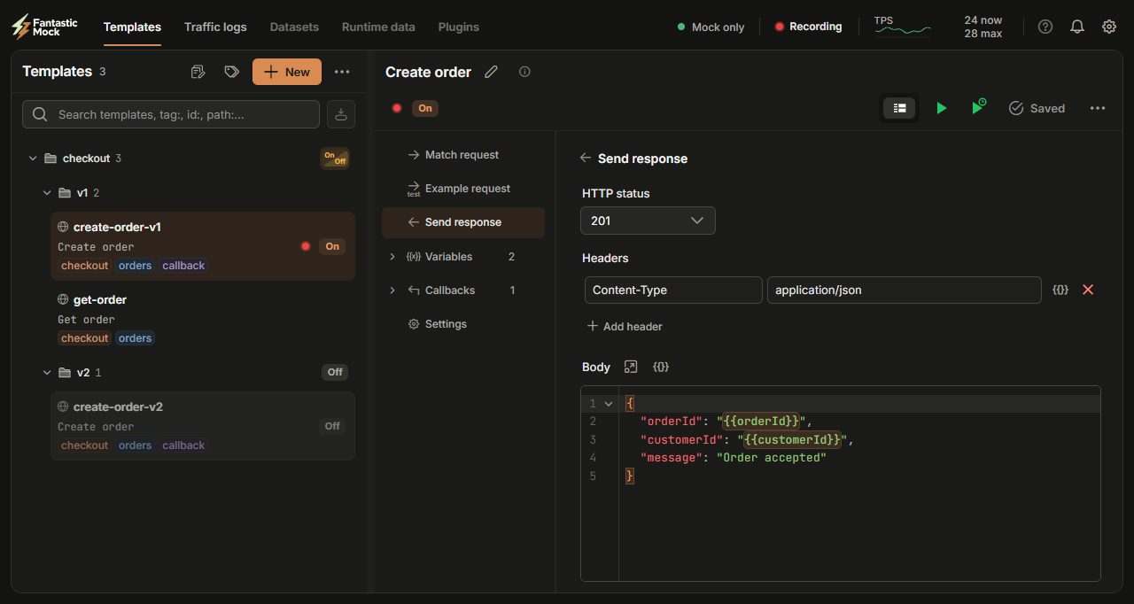 The Fantastic Mock workspace: a template library on the left and the response editor for “Create order” on the right.